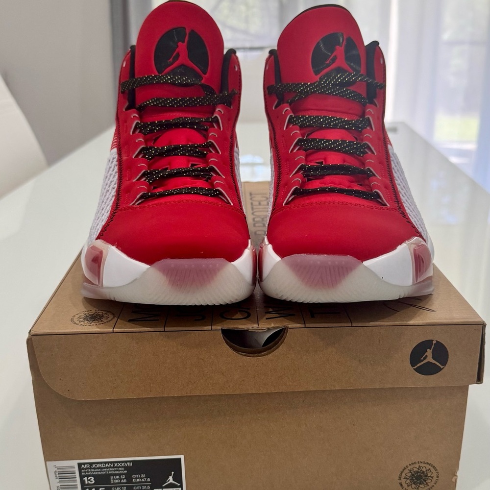 Jordan 38 Red and White High-Top Basketball Sneakers